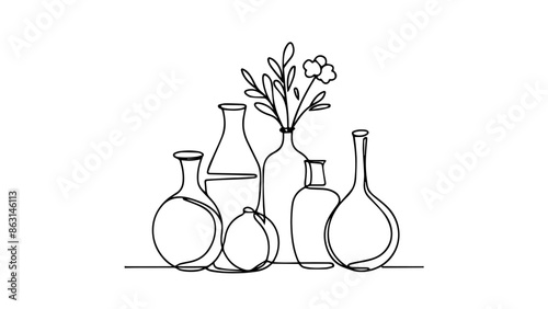 one continuous line illustration of vases