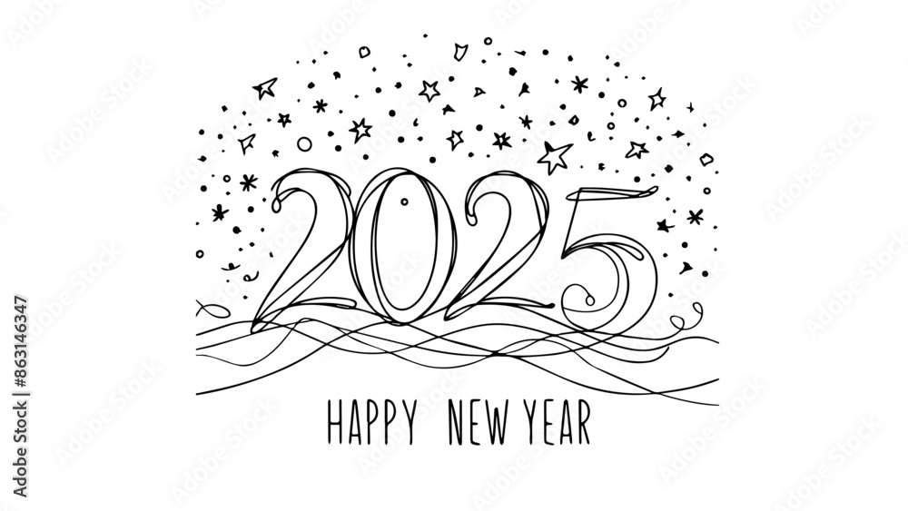 one line illustration of happy new year 2025 concept one line illustration of happy new year 2025 concept