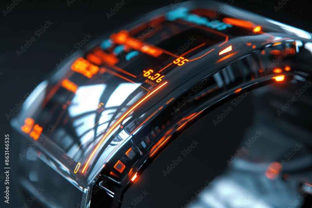 Detailed view of a futuristic smartwatch showing business notifications, with ample copy space Detailed view of a futuristic smartwatch showing business notifications, with ample copy space