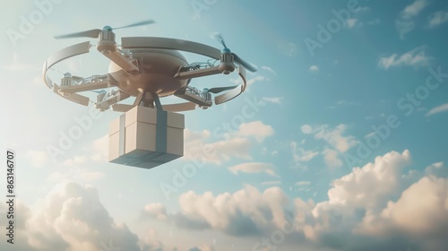 Detailed view of a futuristic drone delivering a package against a sky backdrop, with ample copy space