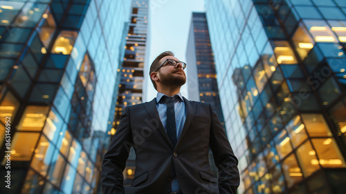 Businessman looking up at tall modern office buildings.