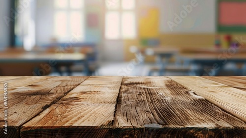 Rustic wood table for product display over blurred schooler room.