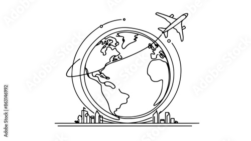 one line illustration of a plane flying around the world