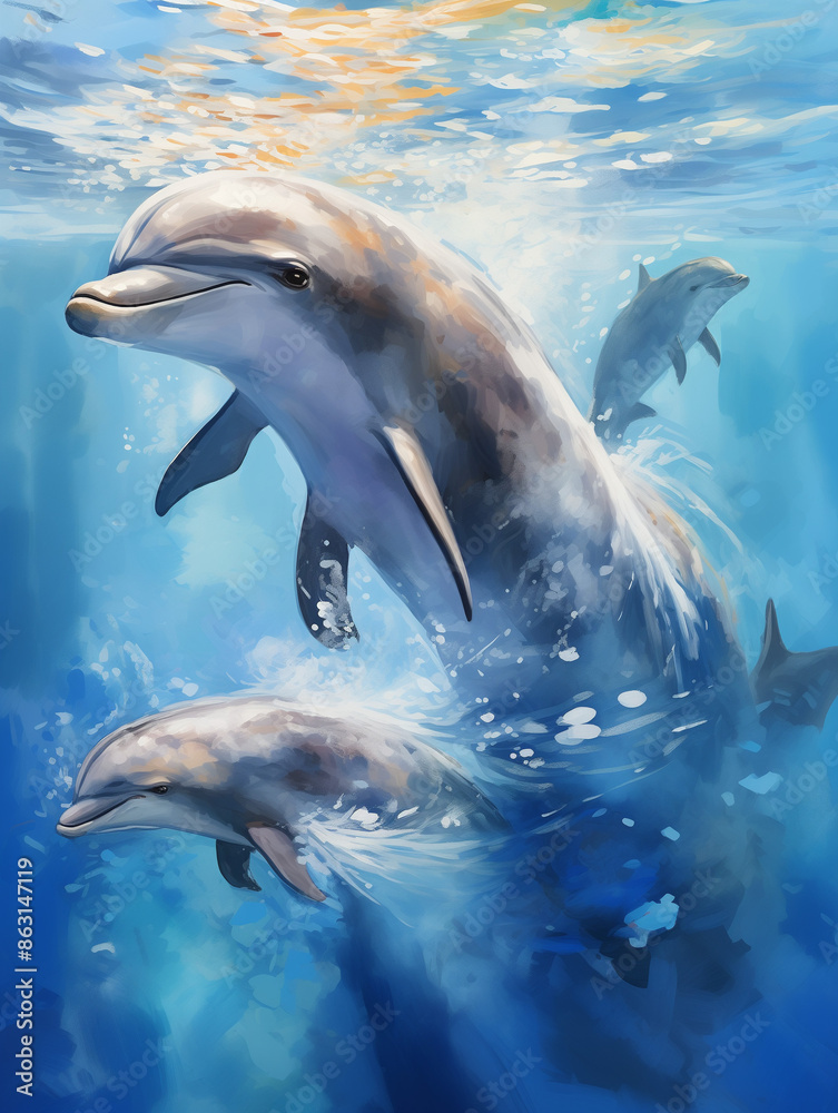 Fototapeta premium Painting of dolphins underwater, vibrant and playful