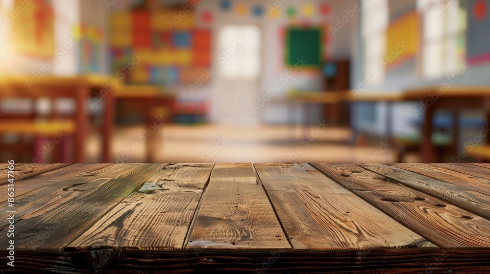 Rustic wood table for product display over blurred schooler room. Rustic wood table for product display over blurred schooler room.