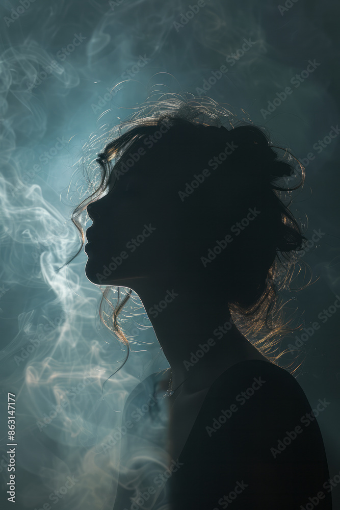 Silhouette of a person outlined by swirling smoke in a dark setting, Silhouette of a person outlined by swirling smoke in a dark setting,
