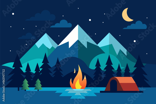 Summer night camping scene with bonfire in the forest. Lake shore with mountains