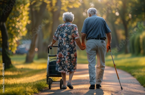 Elderly Couple Walking Hand In Hand Through Park At Sunset