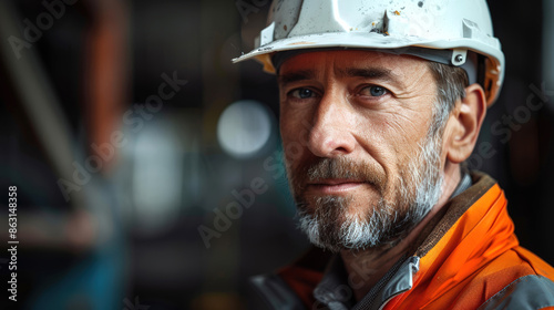 Construction site supervisor with helmet and reflective vest