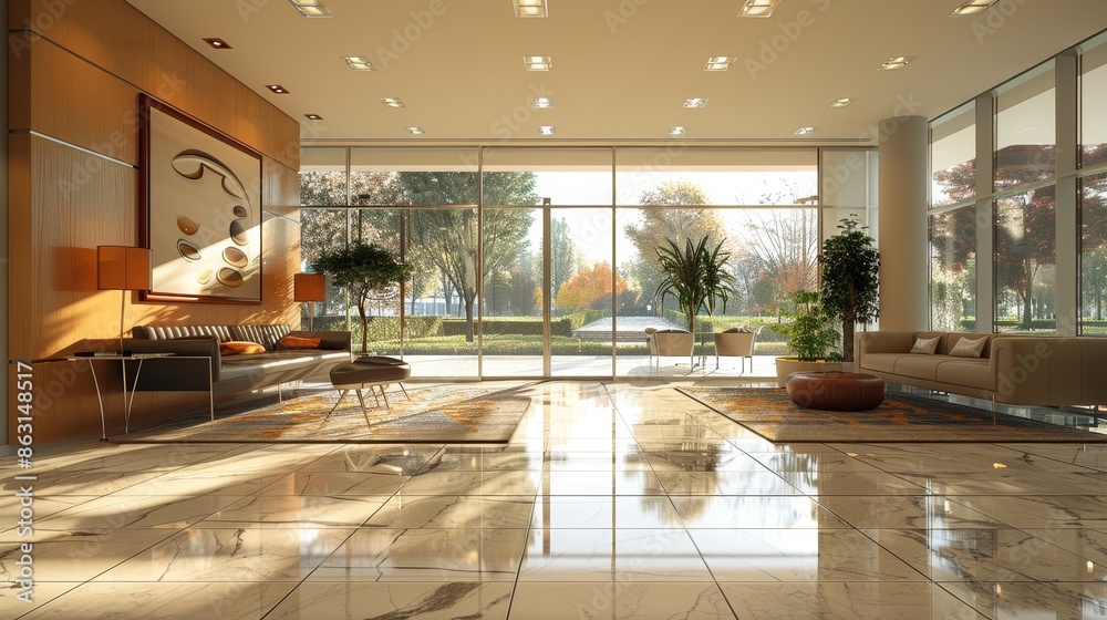 Fototapeta premium Modern hotel lobby with large windows, elegant decor, and natural light, creating a welcoming and luxurious atmosphere.