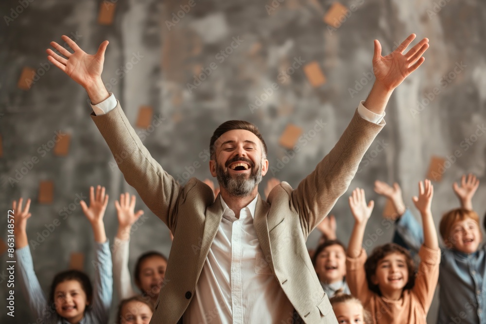 A happy man in a suit raises his arms in excitement, surrounded by joyful children, capturing a moment of celebration, accomplishment, and the spread of positive emotions. A happy man in a suit raises his arms in excitement, surrounded by joyful children, capturing a moment of celebration, accomplishment, and the spread of positive emotions.