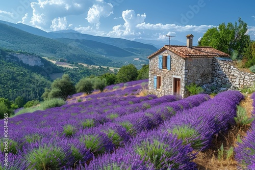 A picturesque lavender field in Provence with rows of purple flowers and a traditional stone farmhouse in the background. 