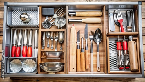 Closeup view of a drawer filled with various kitchen tools, kitchen, tools, utensils, drawer, organization, storage, cooking photo