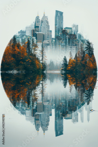 Globe split into a flowing river landscape and towering high-rises, photo