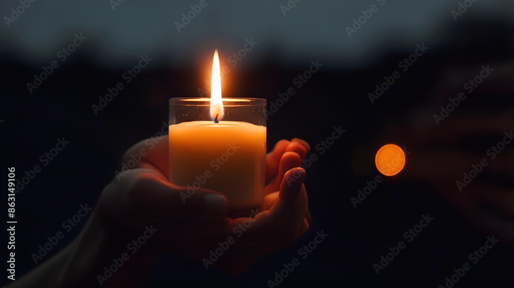 Hands holding glowing candle in the dark, light, fire and flame background, template, copy space area