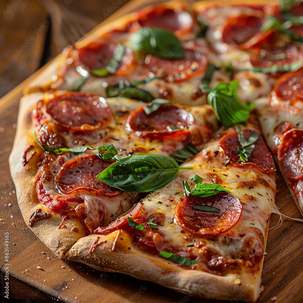 Delicious Homemade Pepperoni Pizza with fresh basil on a wooden cutting board. Concepts. food, Italian cuisine, fast food, dinner, lunch Delicious Homemade Pepperoni Pizza with fresh basil on a wooden cutting board. Concepts. food, Italian cuisine, fast food, dinner, lunch