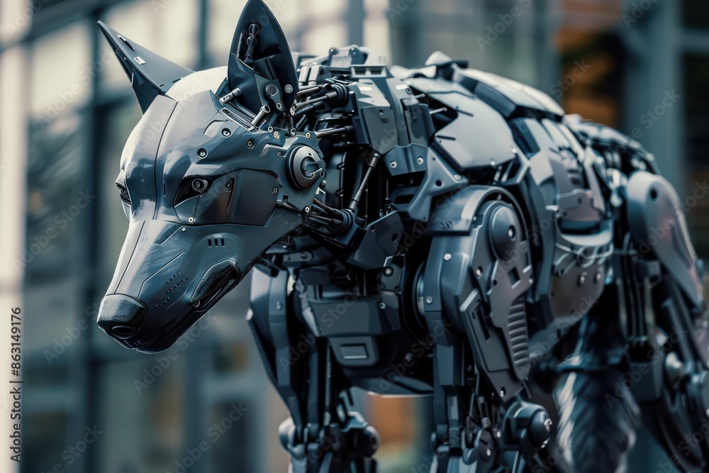 Detailed view of an armored exoskeleton on a robotic wolf, with ample copy space Detailed view of an armored exoskeleton on a robotic wolf, with ample copy space