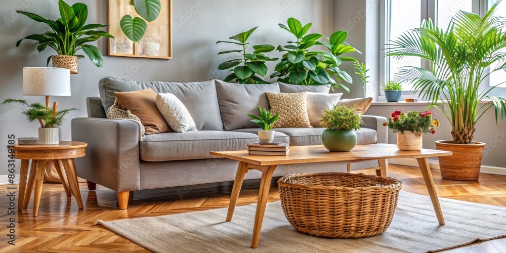 Fototapeta premium Cozy living room interior featuring a wooden coffee table adorned with a lush green houseplant and a wicker basket, near a comfortable grey sofa.