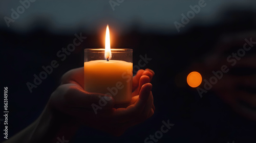 Obraz na płótnie Hands holding glowing candle in the dark, light, fire and flame background, template, copy space area w salonie