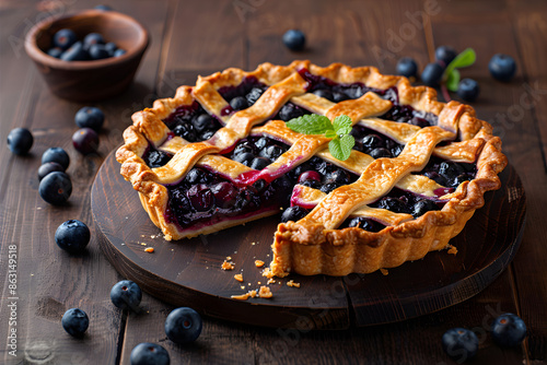 Blueberry pie on the wooden background. Recipe illustration for lunasa, lughnasa celebration. Close up summer pie.  photo