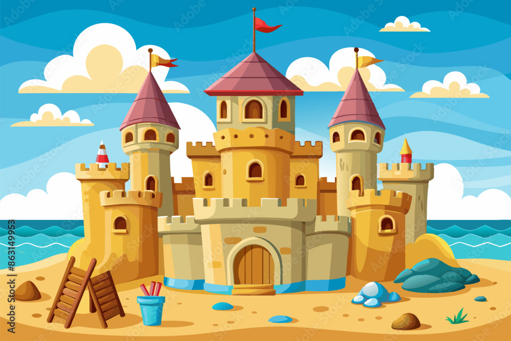 Sand castle cartoon drawing. Composition with beautiful sandy tower, on the sea shore Sand castle cartoon drawing. Composition with beautiful sandy tower, on the sea shore