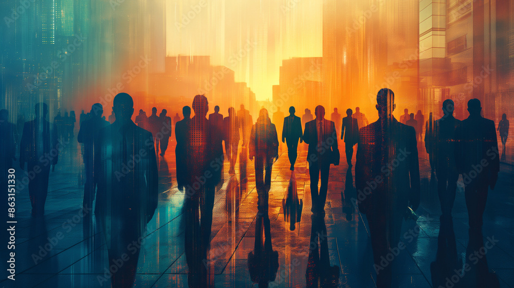 Fototapeta premium Silhouetted businesspeople walking in a colorful abstract cityscape.