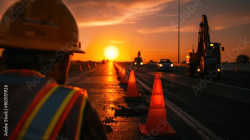 Construction worker observing sunset on a highway with traffic cones. Roadwork and safety at dusk, highlighting infrastructure development.