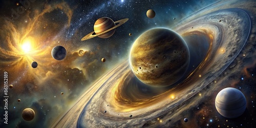 Galaxy scenery with collision of planets, featuring black and gold paints , Galaxy, collision, planets, black, gold, paint