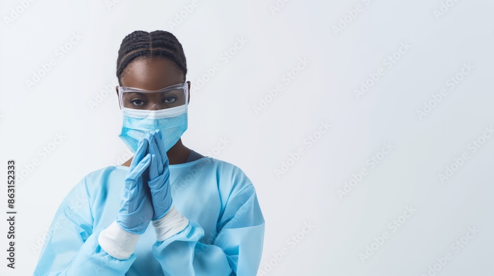 Healthcare worker in protective gear with hands clasped in front. Woman wearing mask, goggles, and gloves in a blue medical gown Healthcare worker in protective gear with hands clasped in front. Woman wearing mask, goggles, and gloves in a blue medical gown