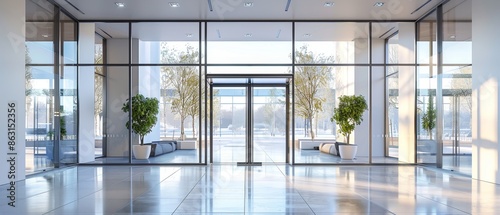 Modern office entrance with glass walls, large windows, natural light, and indoor plants, creating a welcoming and professional atmosphere.