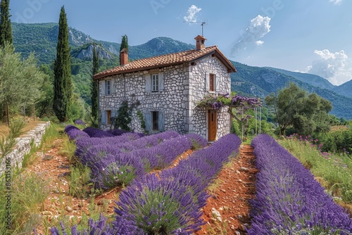 A picturesque lavender field in Provence with rows of purple flowers and a traditional stone farmhouse in the background. 
