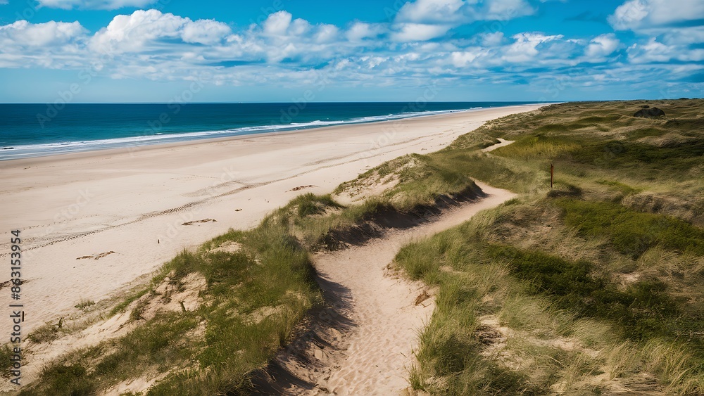 Aerial view of an empty sandy beach with winding path through dunes, natural beauty, untouched coastline
Aerial view of an empty sandy beach with winding path through dunes, natural beauty, untouched coastline