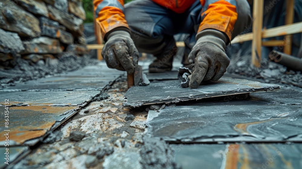 Dark grey ceramic floor tiles are being placed on an adhesive surface by a worker Dark grey ceramic floor tiles are being placed on an adhesive surface by a worker