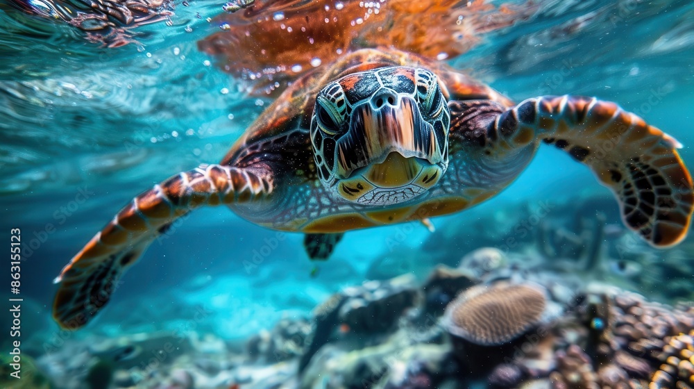 Fototapeta premium closeup of a sea turtle swimming underwater marine life and ocean conservation underwater photography