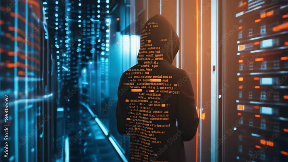 A cybersecurity hacker in a data center with a digital code overlay is depicted in the image