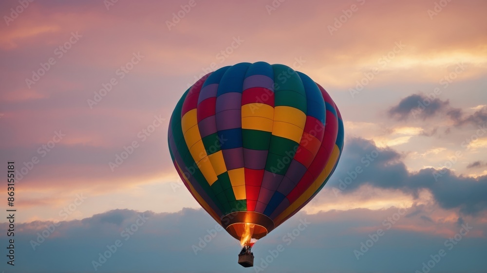 Fototapeta premium Colorful hot air balloons flying in the sky, sunset in the background.