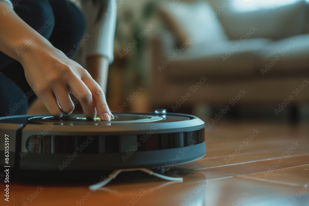 A person is using a robot vacuum to clean the living room floor.removing dust and debris with minimal human intervention.This modern approach to cleaning allows for a tidy home with less effort A person is using a robot vacuum to clean the living room floor.removing dust and debris with minimal human intervention.This modern approach to cleaning allows for a tidy home with less effort