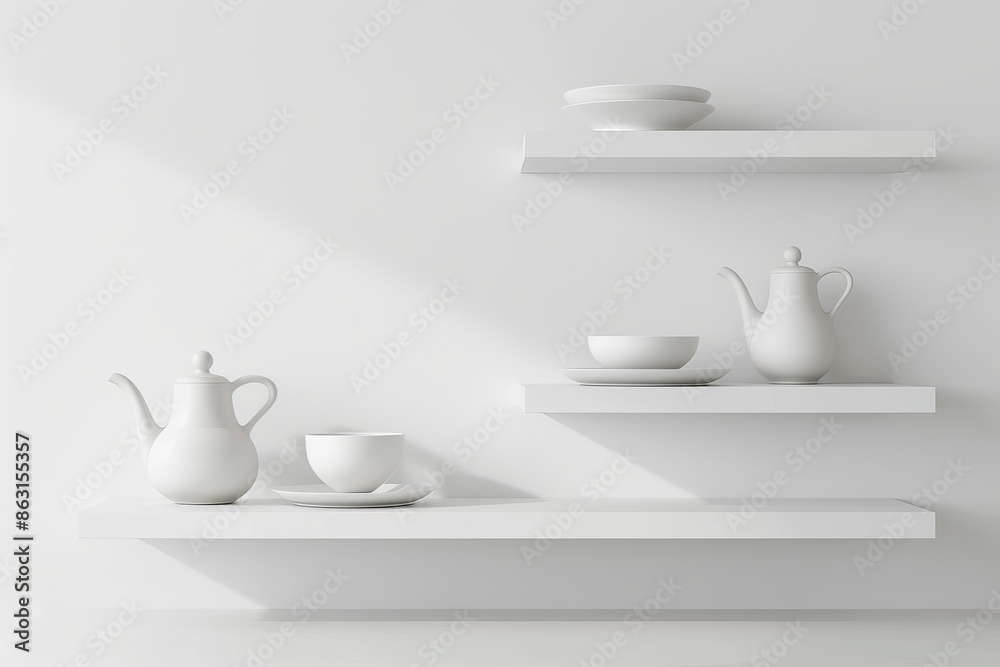 On a white background, kitchenware utensils are displayed. There are mugs, cups, a teapot, a tray, and decorations. On a white background, kitchenware utensils are displayed. There are mugs, cups, a teapot, a tray, and decorations.