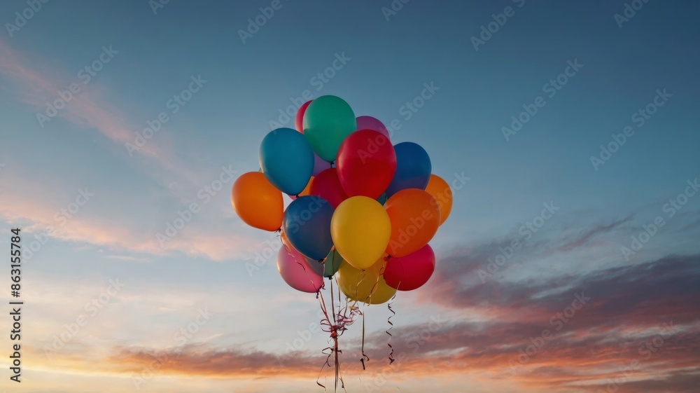 Fototapeta premium Colorful balloons flying in the sky, sunset in the background.