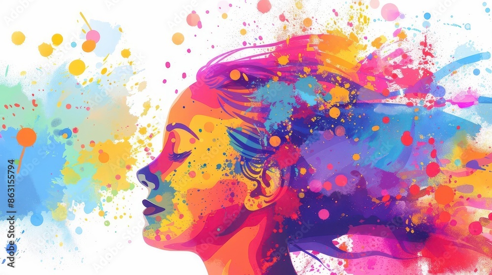 colorful abstract illustration of happy womans head in paint splatter style mental health and mindfulness concept colorful abstract illustration of happy womans head in paint splatter style mental health and mindfulness concept