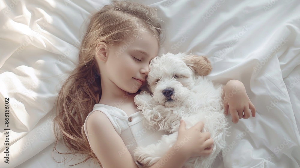 A little kid and a puppy dog in bed at home A little kid and a puppy dog in bed at home