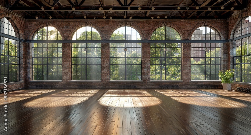 Fototapeta premium Sunlit Room With Large Arched Windows and Wooden Floor