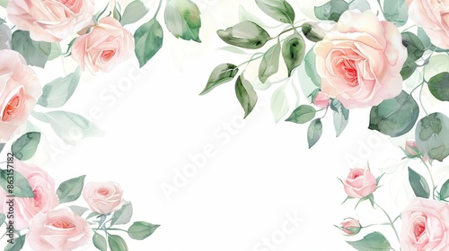 Fototapeta Naklejka Na Ścianę i Meble -  delicate pink watercolor roses and green leaves border for wedding and greeting cards