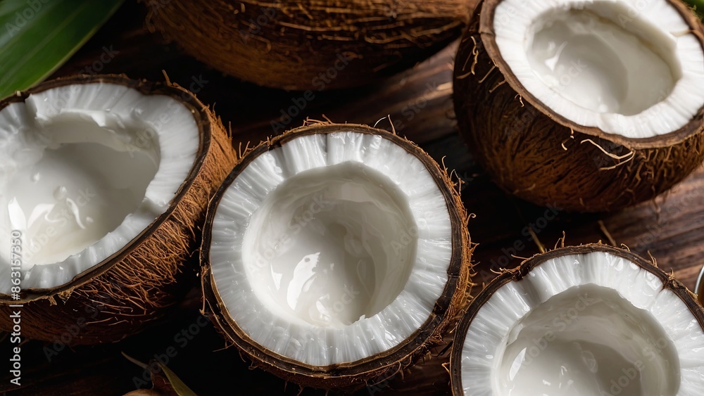 Halved coconuts with creamy white flesh displayed on a rustic wooden surface, highlighting the natural texture Halved coconuts with creamy white flesh displayed on a rustic wooden surface, highlighting the natural texture