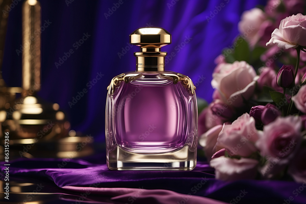 Elegant and luxury perfume bottle with flowers and silk, floral fragrance product Elegant and luxury perfume bottle with flowers and silk, floral fragrance product