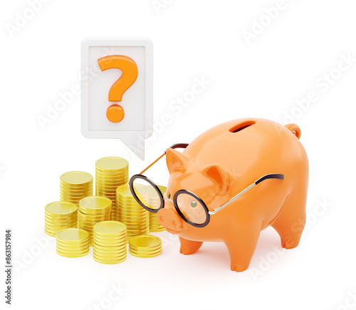 Instability of Savings. A piggy bank expressing uncertainty by a question mark that is inside the speech frame close to coin stacks. 3D rendering graphics on the theme of Financial Accountancy.