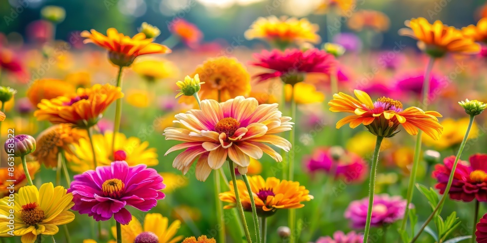 Vibrant yellow and pink flowers sway gently in the breeze, filling the lush green field with a kaleidoscope of colors and sweet, floral scent. Vibrant yellow and pink flowers sway gently in the breeze, filling the lush green field with a kaleidoscope of colors and sweet, floral scent.