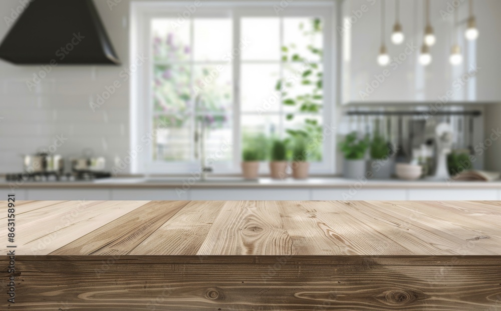 The table top is wood on a blurry background of a kitchen counter (room). The table top is wood on a blurry background of a kitchen counter (room).