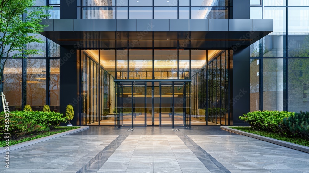 Modern glass building entrance with sleek design, large windows, and greenery. The architecture features clean lines and reflective surfaces. Modern glass building entrance with sleek design, large windows, and greenery. The architecture features clean lines and reflective surfaces.