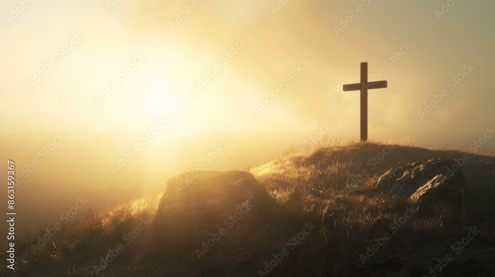 cross on top of mountain with fog and sunlight